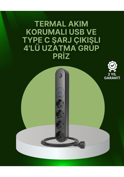 4 Priz 2 Usb 1 Type-c Akım Korumalı Çoklu Priz Led Anahtarlı 1 - 3 M