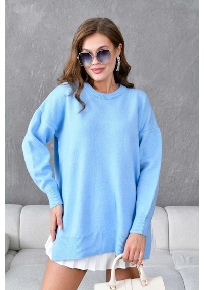 Park Karon Kadın Bisiklet Yaka Yırtmaçlı Oversize Triko Kazak Bebe Mavi