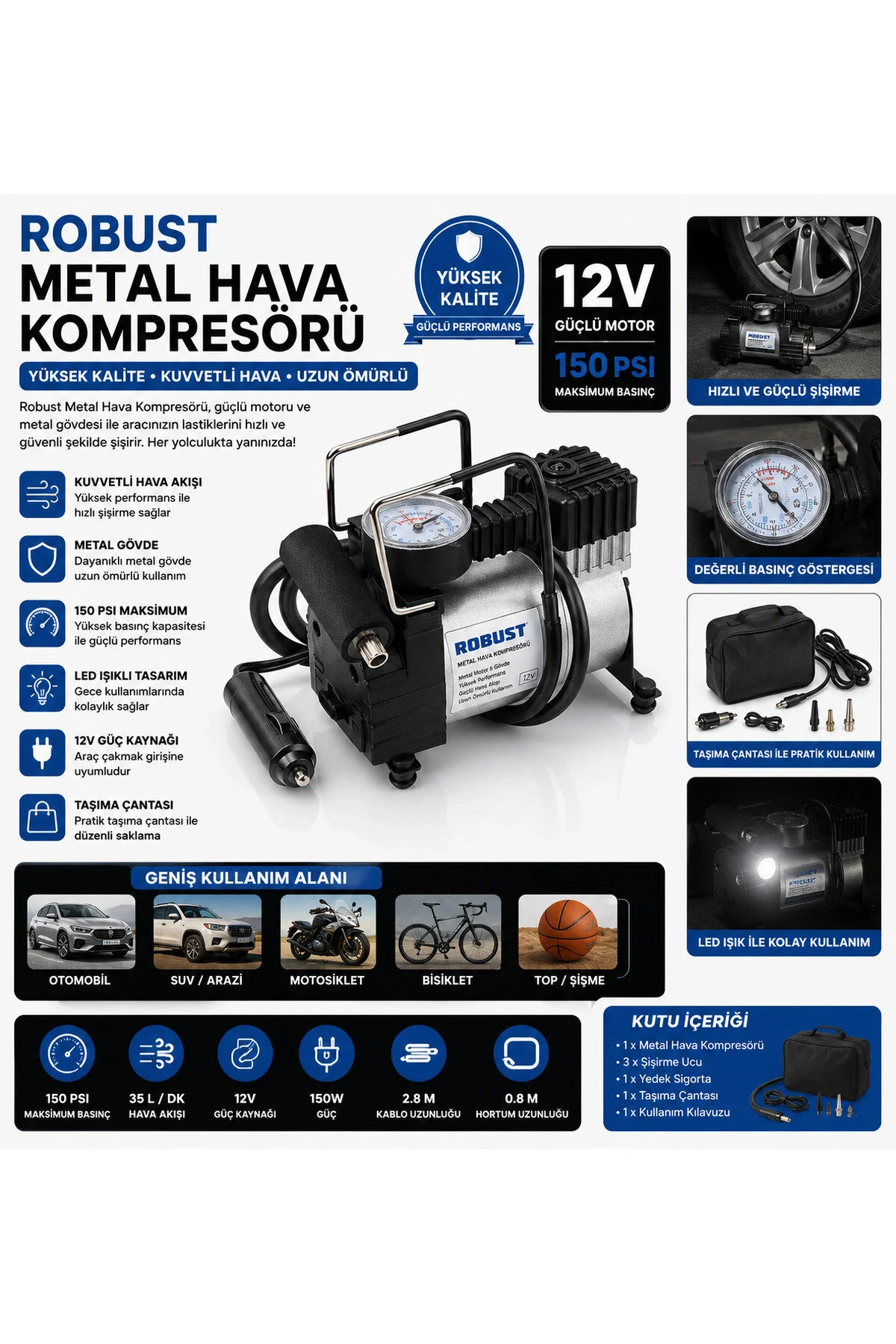 Metal Kompresör Hava Şişirme Pompası 150 Psı Çakmaklık Girişli Metal Gövde Tek Piston