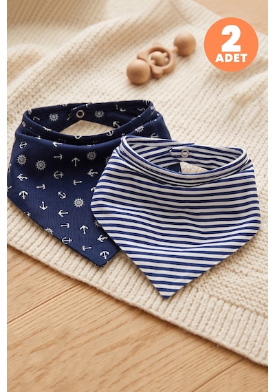 Just Inner Erkek Bebek 2'li Pamuklu Üçgen Fular Önlük Denizci ve Çizgili Desenli Çıtçıtlı Çift Katlı 584403 Mavi