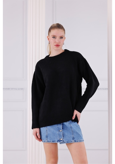 Qscob Bisiklet Yaka Oversize Basic Triko Kazak Siyah