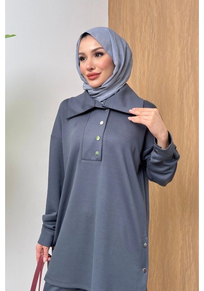 Mihran Butik Soho Elegance Yaka Detaylı Kadın Tesettür Alt Üst Takım Antrasit