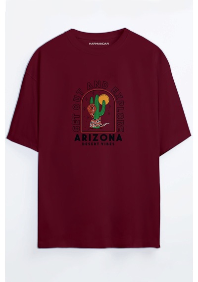 Arizona Desert Vibes Dijital Baskılı Unisex Turuncu Oversize T-shirt Bordo