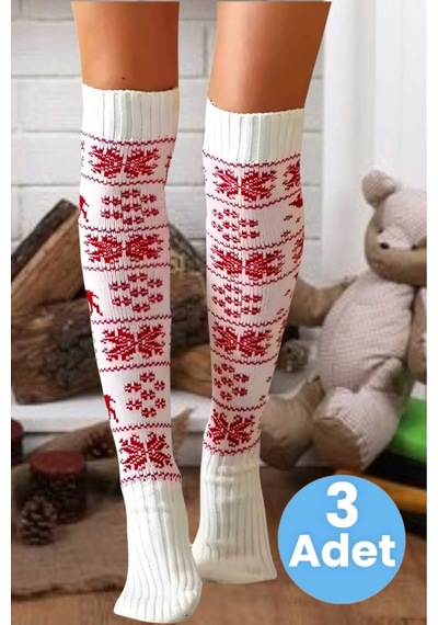 Tezzgelsin Kadın Yeni Yıl Temalı Kar Tanesi Desenli Diz Üstü Çorap 3'lü Set Beyaz