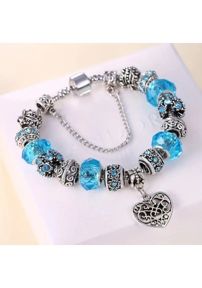 Yeni Tarz ,mavi Otantik Taşlı Crystal Kalp , Sevgi Charmlı Bileklik, Ahşap Kutu İçerisinde Gümüş Gümüş