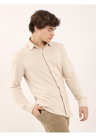 Dufy Bej Erkek Slim Fit Klasik Yaka Uzun Kol Gömlek - 97956 Bej