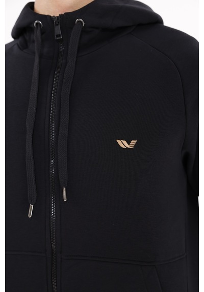 Rowinger Raglan Kol Tam Fermuarlı Kordonlu Kapüşon Kanguru Cepli Süper Koton Rahat Kalıp Kapüşonlu Sweatshirt Black