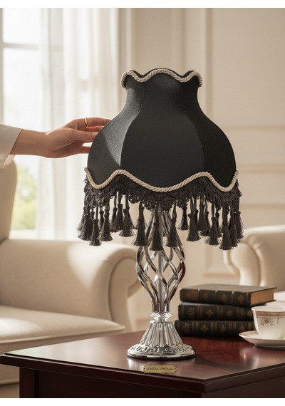 Füme Kadife Kaplı El Yapımı Başlık Metal Ayaklı Klasik Model Vintage Abajur 55x25cm