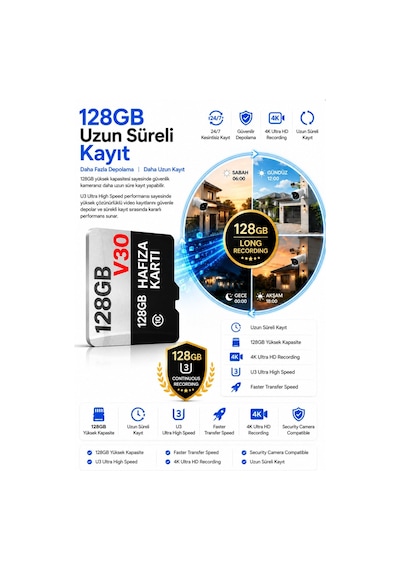 128 Gb Hafıza Kartı Faster Transfer Speed Class 10 4k Video Kayıt V30 Güvenlik Kamera Uyumlu