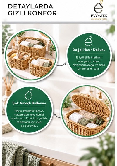 3'lü Kapaklı Rattan Organizer Sepet Seti Hasır Görünümlü Dekoratif Saklama Kutusu Oval Kahverengi