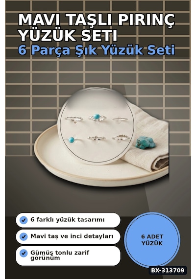 Mavi Taşlı Pirinç 6 Parça Yüzük Seti - 7-8 Numara Gümüş Renk Bijuteri Aksesuar Bx-313709 Çok Renkli