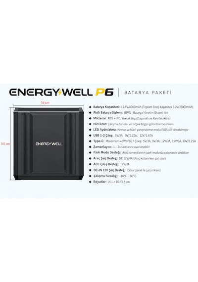 Energywell Battery Pack P6 Araç Kamerası Park Modu Güç İstasyonu