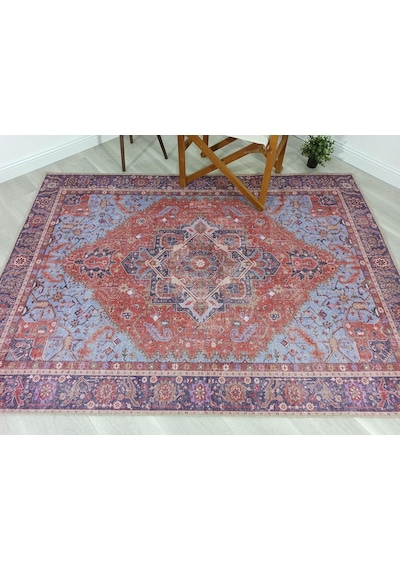Kırmızı Ve Mavi Madalyon Desenli Vintage Halı