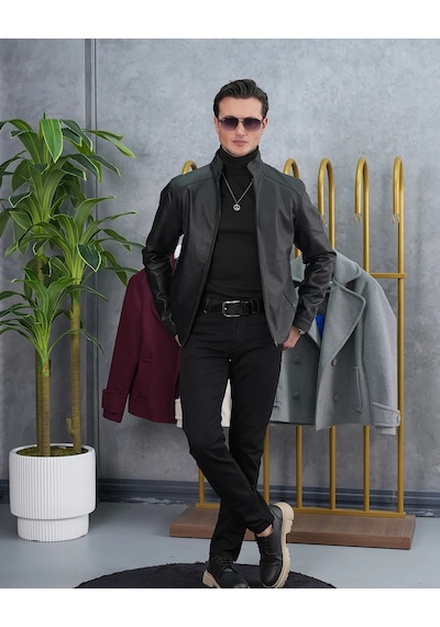 Modefendi Slim Fit Kalıp Hakim Yaka Ribanası Asimetrik Model İthal Deri Mont Renkli