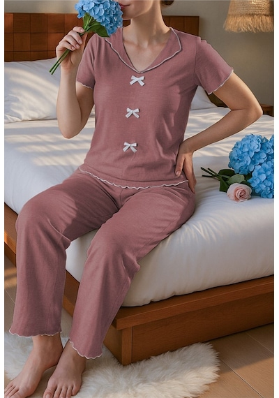 Bella Notte Pamuklu Gül Kurusu Fiyonk Detaylı Mevsimlik Pijama Takımı Pembe