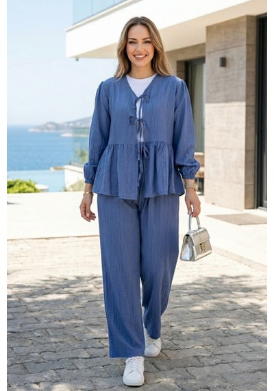 Hb Harma Time Butik Kadın Bağlamalı Çilek Kumaş Mavi Tunik Pantolon İkili Takım Mavi Mavi