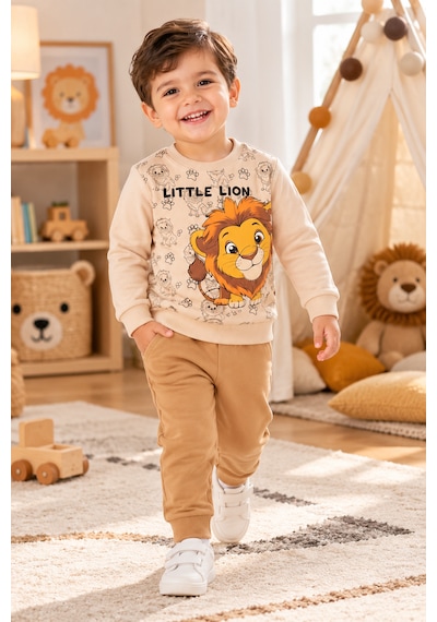 Tucankids Erkek Çocuk Aslan Baskılı İkili Eşofman Takımı Sweatshirt Eşofman Bej - Kahverengi Tucankids Erkek Çocuk Aslan Baskılı İkili Eşofman Takımı Sweatshirt Eşofman Bej - Kahverengi