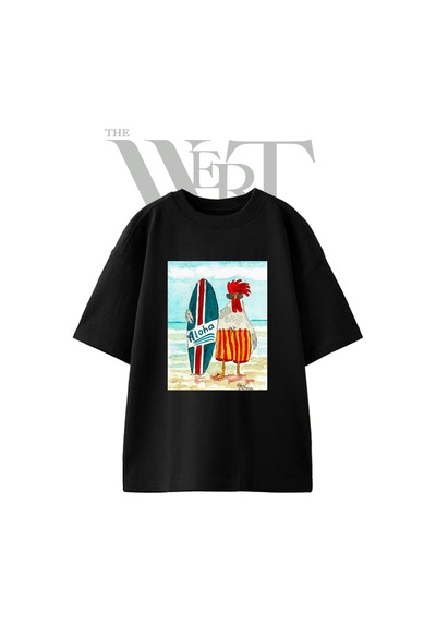 Thewert Sorfcü Horoz Tasarım Baskılı Ünisex Siyah Oversize T-shirt
