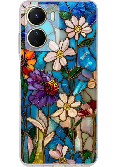 Printify Vivo Y16 İle Uyumlu Vitray Mavi Bahar Tasarımlı Şeffaf Silikon Kılıf Şeffaf