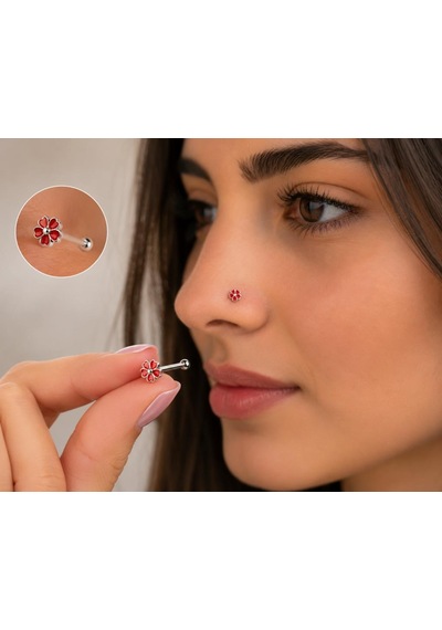 925 Ayar Gümüş Burun Hızması Kırmızı Çiçek Desenli Minimal Nose Stud Kadın Erkek Unisex 8 Mm Gri