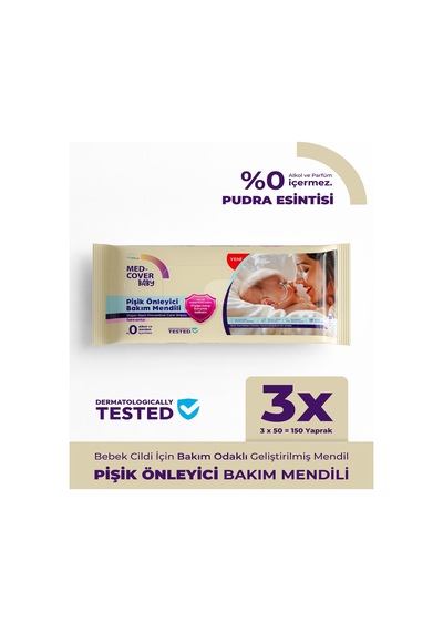 Med-cover Baby Pişik Önleyici Bakım Mendili Pudra Esintisi / 50'li x 3 Avantaj Paketi