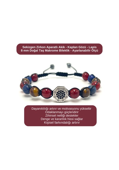 Sertifikalı Zirkon Aparatlı Akik - Kaplan Gözü - Lapis - 8mm Doğal Taş Bileklik Ayarlanabilir Ölçü Çok Renkli