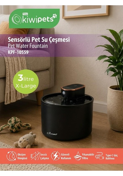 Kiwi Kpf-10559 Hareket Sensörlü Evcil Hayvan Su Çeşmesi Siyah