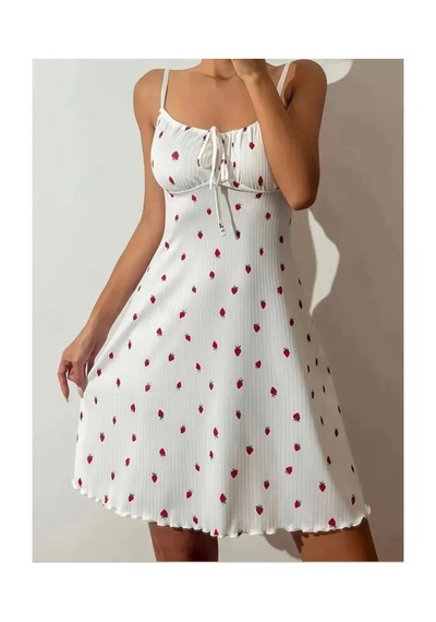 Eloria Fashion Çilek Baskılı Tangalı Gecelik Pijama Elbise,kadın Gecelik,kadın İç Giyim Beyaz