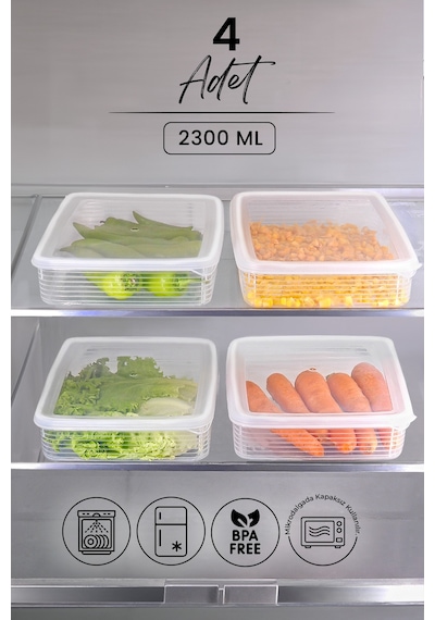 Kitchen Life 4 lü 2300 ML Buzdolabı ve Mikrodalga Saklama Kabı - Buzdolabı Organizeri Saklama Kutusu Şeffaf