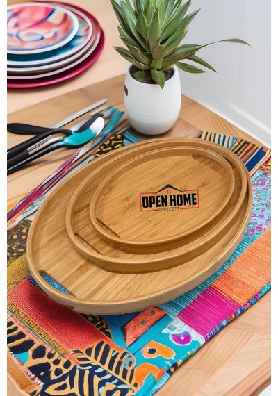 3'lü Bambu Oval Tepsi, Servis Tepsileri, Iskandinav Tepsi Seti, Çay Tepsisiı