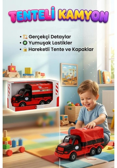 Açılabilir Tenteli Kasalı Büyük Boy 44cm Tekerlekli Ralli Tasarımlı Oyuncak Dev Taşıyıcı Kamyon