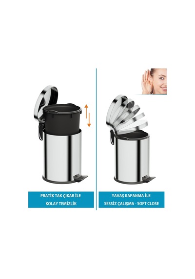 Aqua Bagno Basic Çöp Kovası - Pedallı 5 L, Parlak Krom Paslanmaz Çok Renkli
