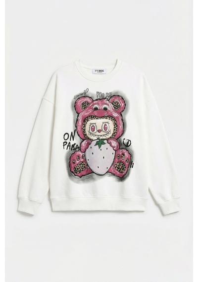 Itsbasic Kadın Beyaz W5 Oversize Baskılı %100 Koton Organik Kumaş Sweatshirt