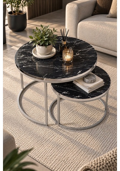 Sulorahome Gümüş Metal Ayaklı Siyah Mermer Desenli 2'li Orta Sehpa Seti