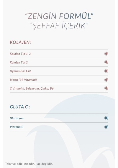 Hidrolize Kolajen Tablet Tip1, Tip2, Tip3 & Gluta-c 5500 Mg Kolajen, Glutatyon & C Vitamini İle Cilt Işıltısı
