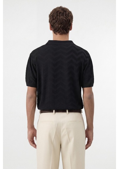 Antioch Zigzag Desenli Polo Yaka Triko Erkek T-shirt Siyah