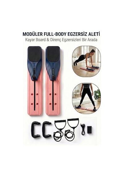 Ev Tipi Full Body Egzersiz Aleti - Direnç Halatlı Kayar Board Sistemli Fitness Seti Pembe