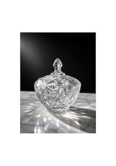 Lora Kristal Desen Kapaklı Parlak Cam Şekerlik 14x12 Cm Şeffaf