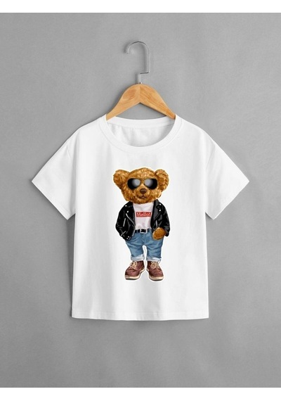 Ayıcık Baskı Detaylı Kısa Kollu %100 Pamuklu Beyaz Çocuk T-shirt Beyaz Ayıcıklı