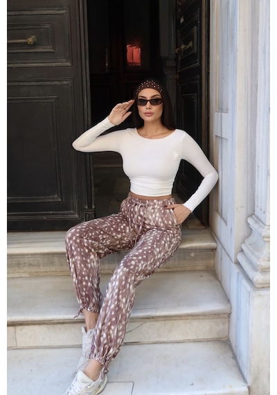 Kechi Woman Kadın Gabardin Ceylan Desenli Beli Lastikli Jogger Pantolon Kw3166