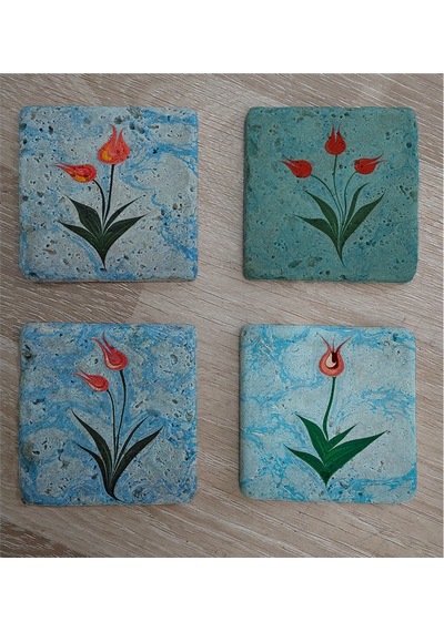 Ebru Laleler Doğal Taş Bardak Altlığı 4'lü Set - Natural Stone Coasters - Taş Çok Renkli