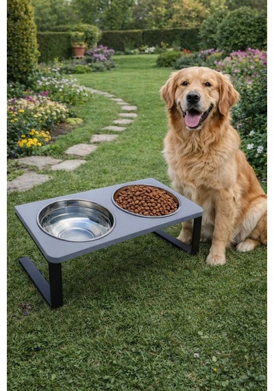 Reyo Ok-ay Store Radessa Xl Yüksek Standlı Çift Hazneli Mama Ve Su Kabı, Büyük Ve Orta Boy Köpek Ve Kedi Su Kabı Paslanmaz Çelik Gri