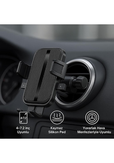 Coofbe Yuvarlak Havalandırma Uyumlu Araç İçi Telefon Tutucu, Sarsılmaz, Titremez, Mercedes, Audi Uym Siyah
