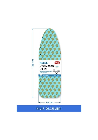 Ütü Masası Kılıfı Örtüsü Bezi, Turkuaz Uçan Balon Süngerli Ve Keçeli, Yanmaz, Ayarlanabilir 48x138 Cm