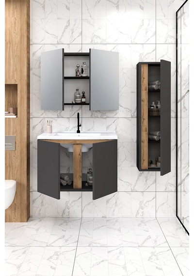 %100 Mdf 80 Cm Lavina Banyo Dolabı + 30 Cm Lavina Boy Dolabı Beyaz