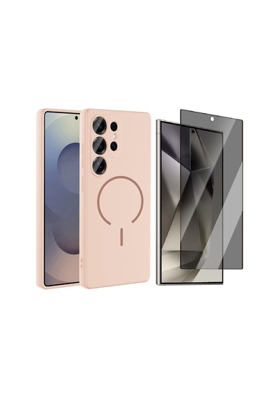Vendas Samsung Uyumlu Galaxy S25 Ultra Kılıf M-safe Şarj Özellikli Zore Meta Kapak + Hayalet Ekran Koruyucu Rose Pembe