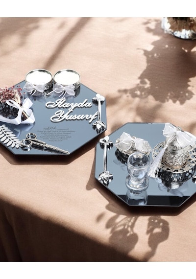 Affinity Sekizgen Gümüş Söz Nişan Tepsisi Ve Damat Kahve Fincan Tepsisi Krem Krem