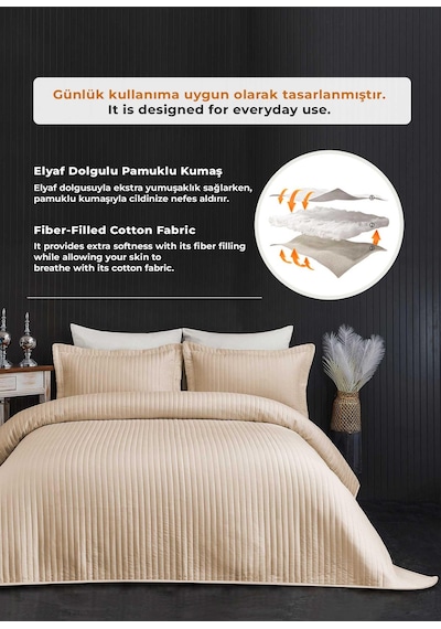 Evlen Home Judy Pamuklu Yatak Örtüsü Pike Takımı Çift Kişilik Çizgili Günlük Sade Düz Bej Bej