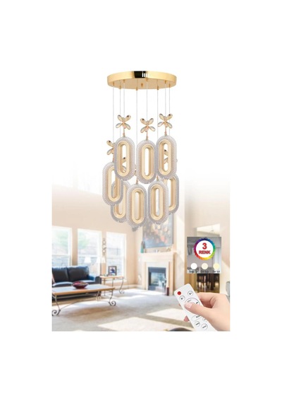 8'li Zenith Gold Kumandalı Avize 3 Renk Ledli Altın