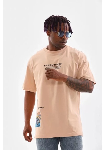 Yake Store Unisex Bisiklet Yaka Baskılı Oversize T-shirt - Bej - Bej